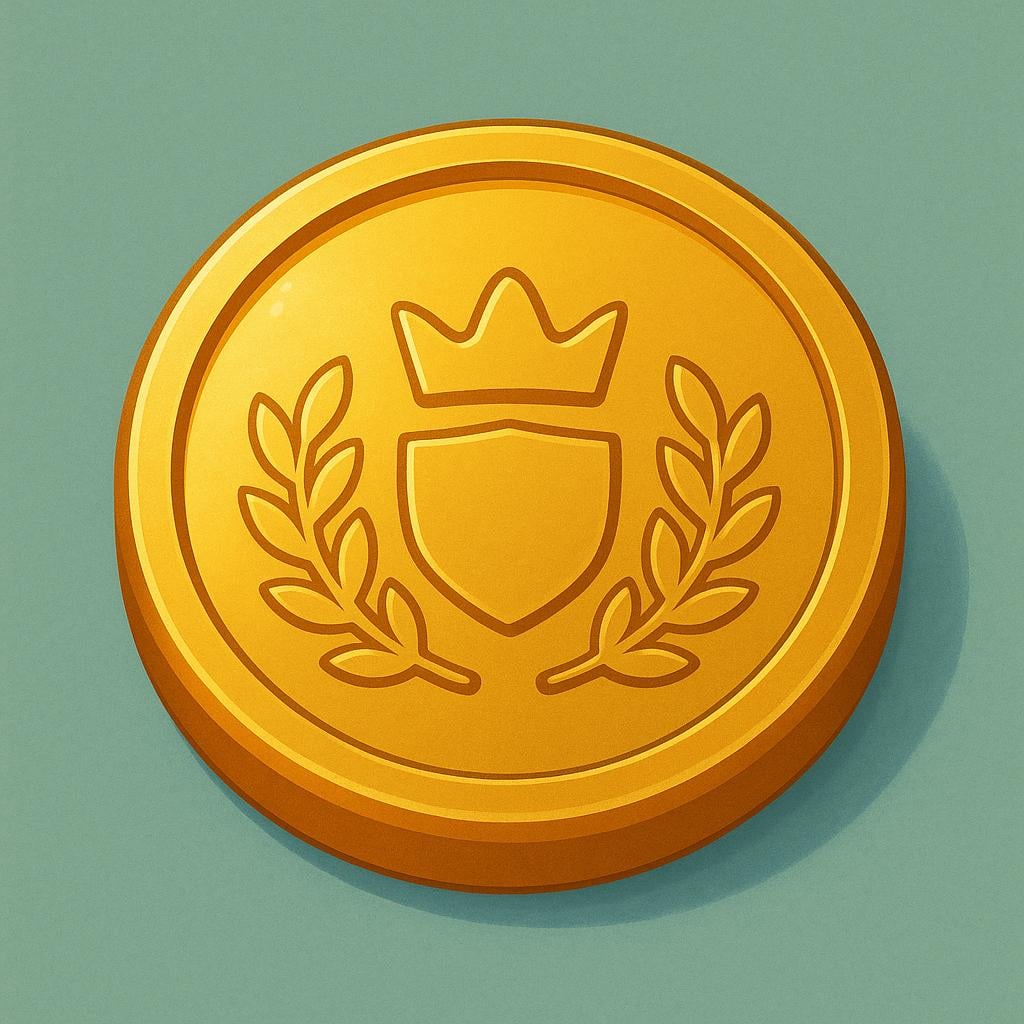 A high quality illustration of a single large, shiny gold coin lying flat, featuring a simple, decorative crest embossed on its surface, representing the currency unit.