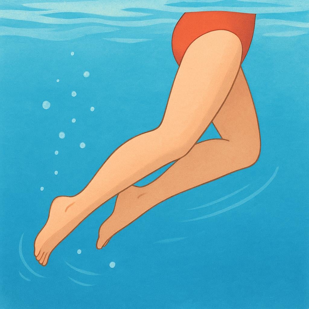 A swimmer's lower body is depicted underwater, showing the legs extended and crossing over each other, illustrating the scissor kick movement.