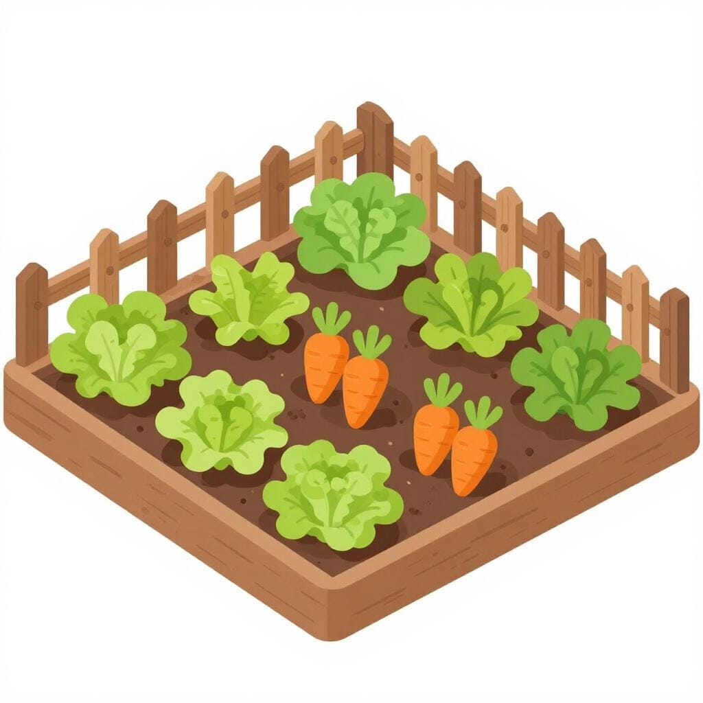 A small garden plot with rows of growing carrots, lettuce, and tomatoes.