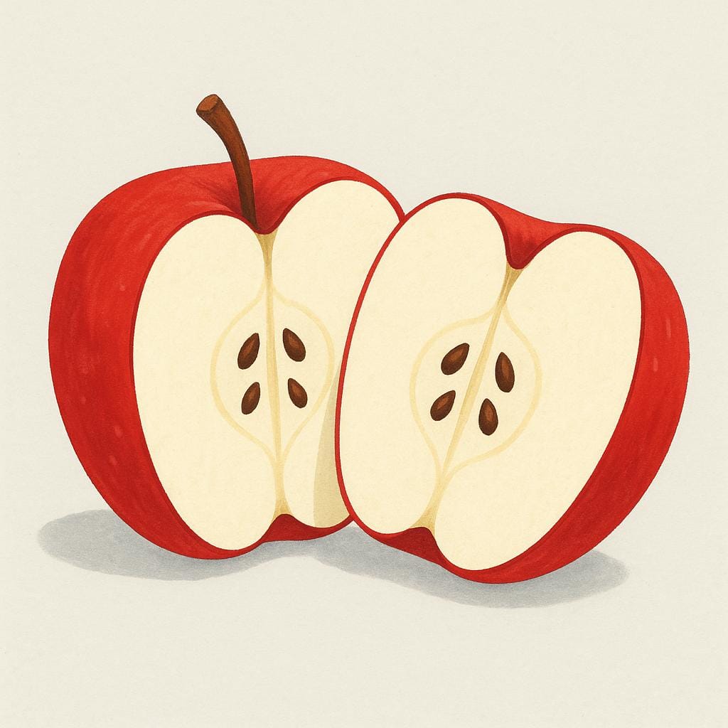 A cross-section of a bright red apple showing its core, seeds, and the white flesh surrounding the core.
