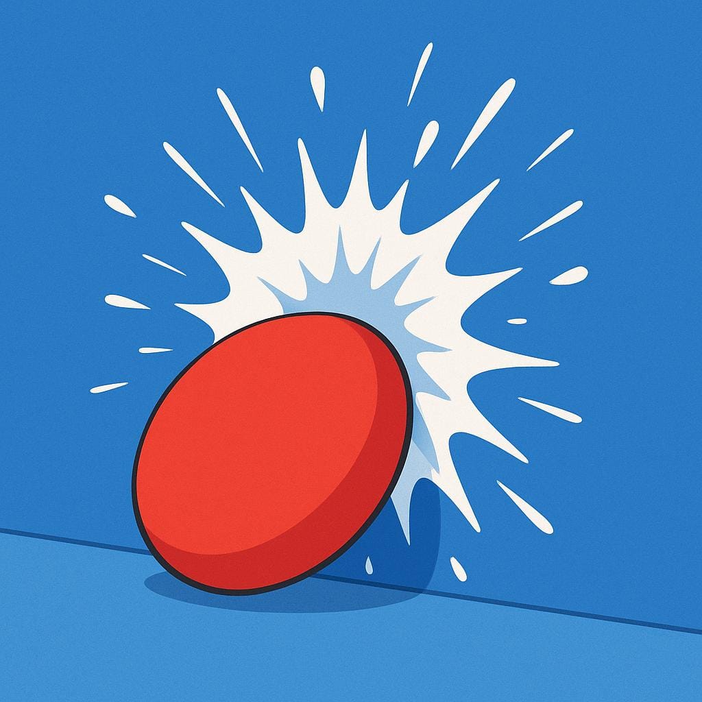 A bright red rubber ball colliding forcefully with a solid blue wall, captured precisely at the moment of physical contact and deformation, surrounded by a splash of white energy.