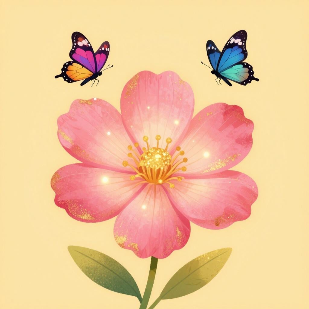 A beautiful, vibrant flower with glowing petals that attracts a small butterfly.