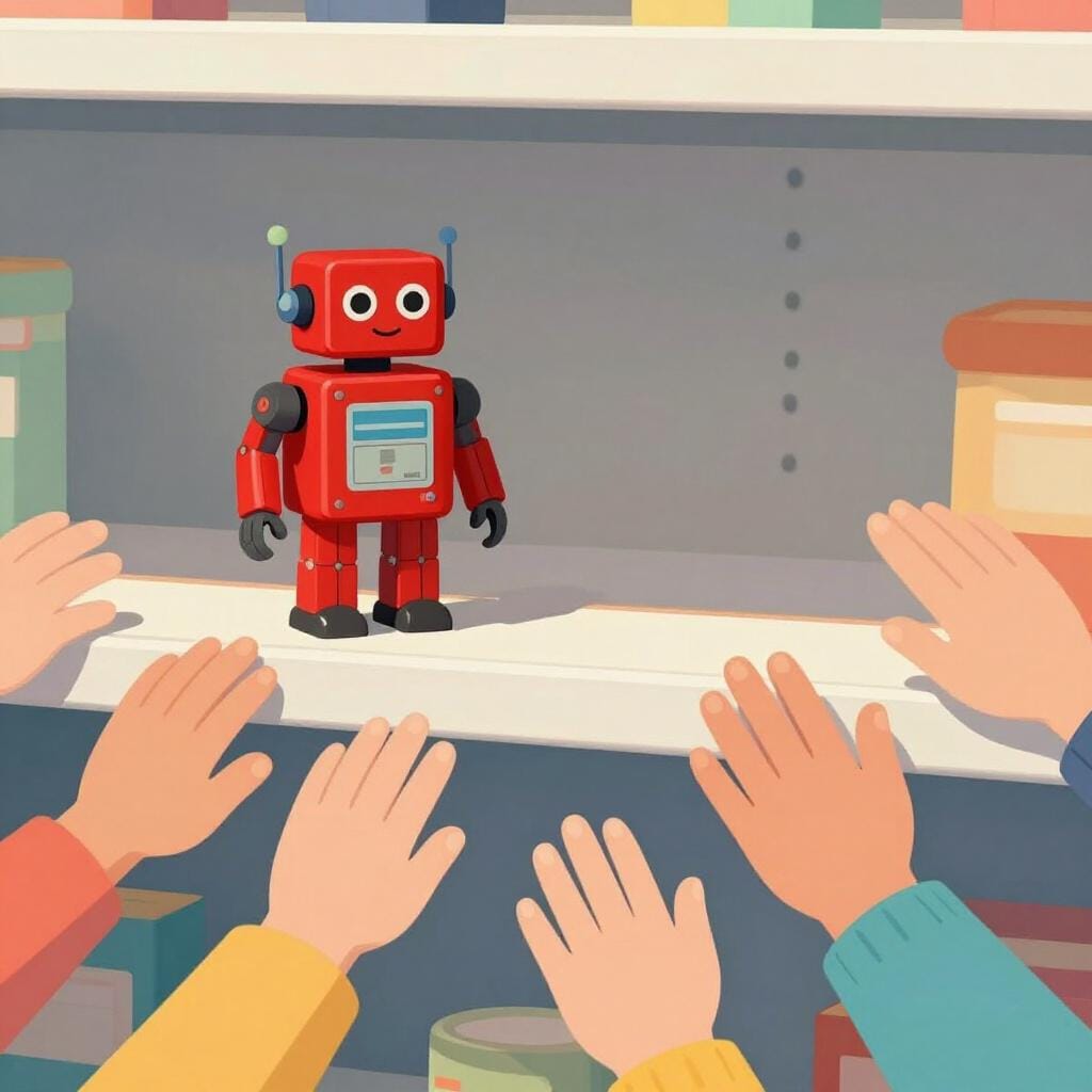 Una grande folla di persone in fila che si protendono verso un singolo giocattolo popolare su uno scaffale.