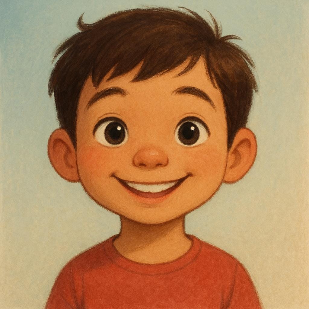 A tight, close-up illustration focusing only on the face and upper shoulders of a smiling character, representing a cinematic shot angle.