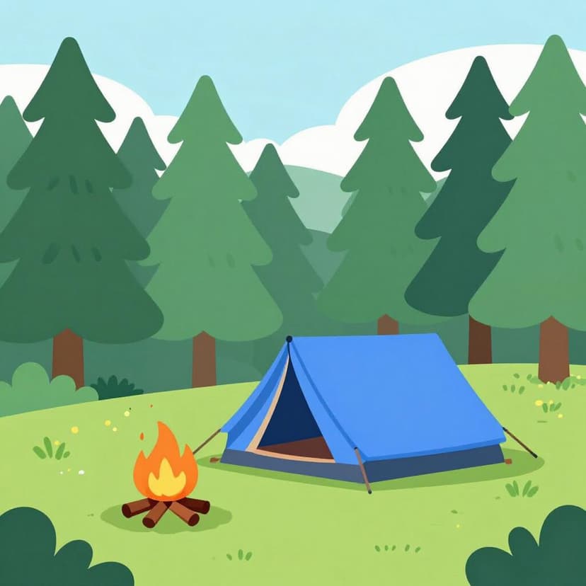 A blue tent pitched in a green forest clearing near a small campfire.
