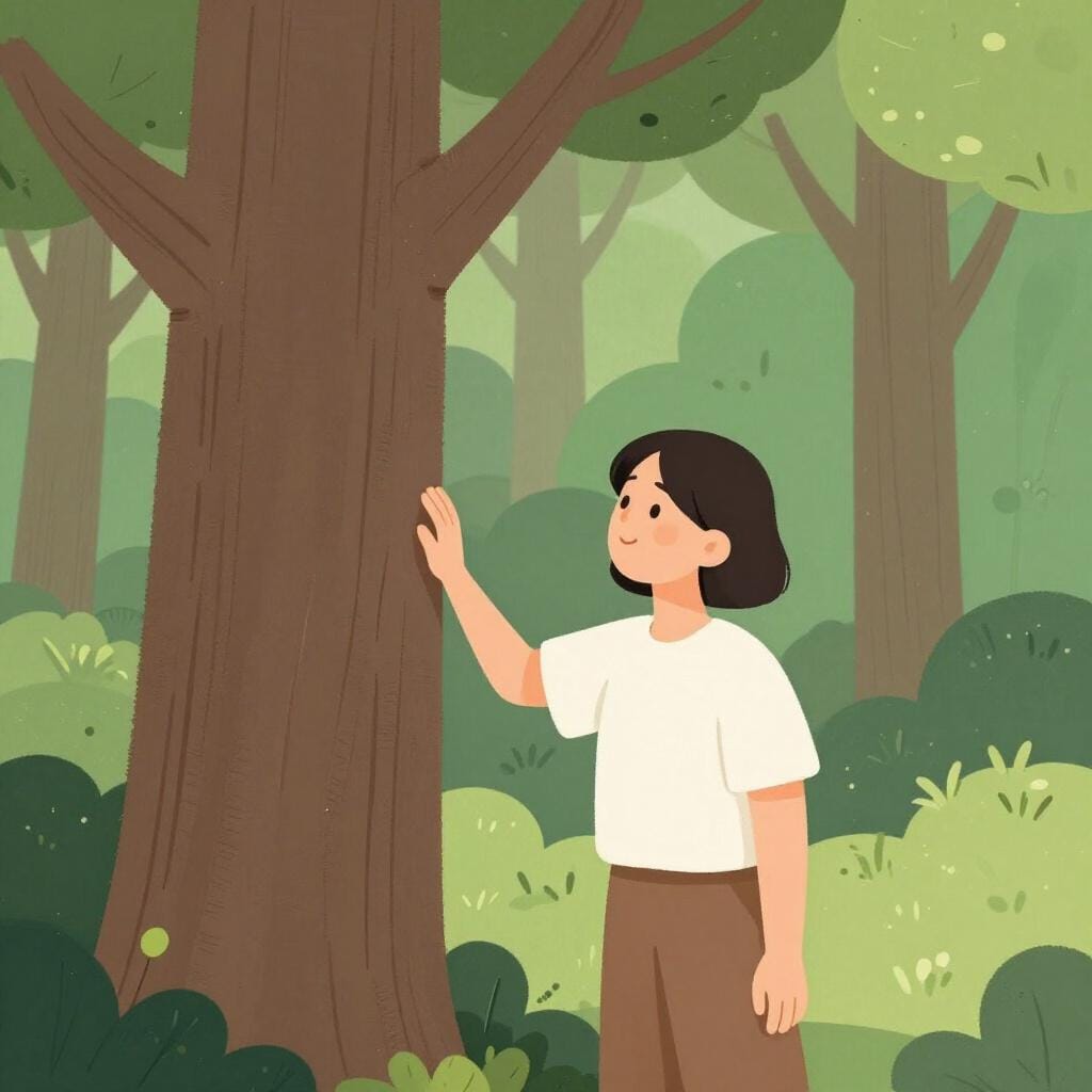 Uma pessoa parada em uma floresta verde vibrante, tocando suavemente o tronco de uma árvore grande com um olhar de profundo afeto, ilustrando um amante da natureza.