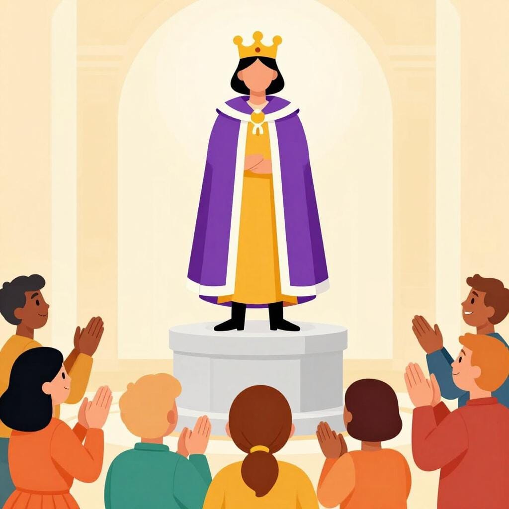 A noble figure wearing a golden crown and a rich purple cloak standing on a podium while a crowd cheers.