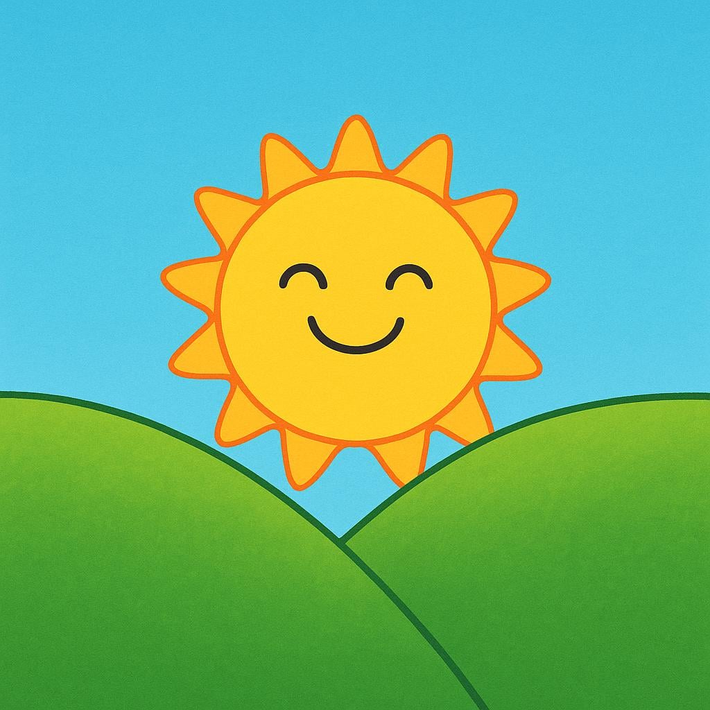 A cheerful storybook illustration featuring a small, smiling anthropomorphic sun rising brightly over the second of two rolling green hills, symbolizing the day following Monday.