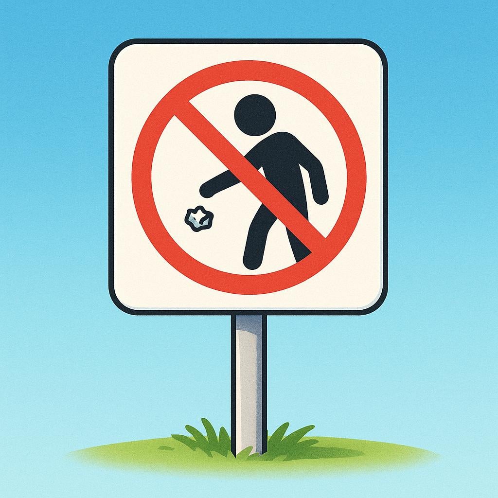 A red circular prohibition sign with a diagonal slash placed over a simple drawing of a person dropping trash on the ground, indicating littering is forbidden.