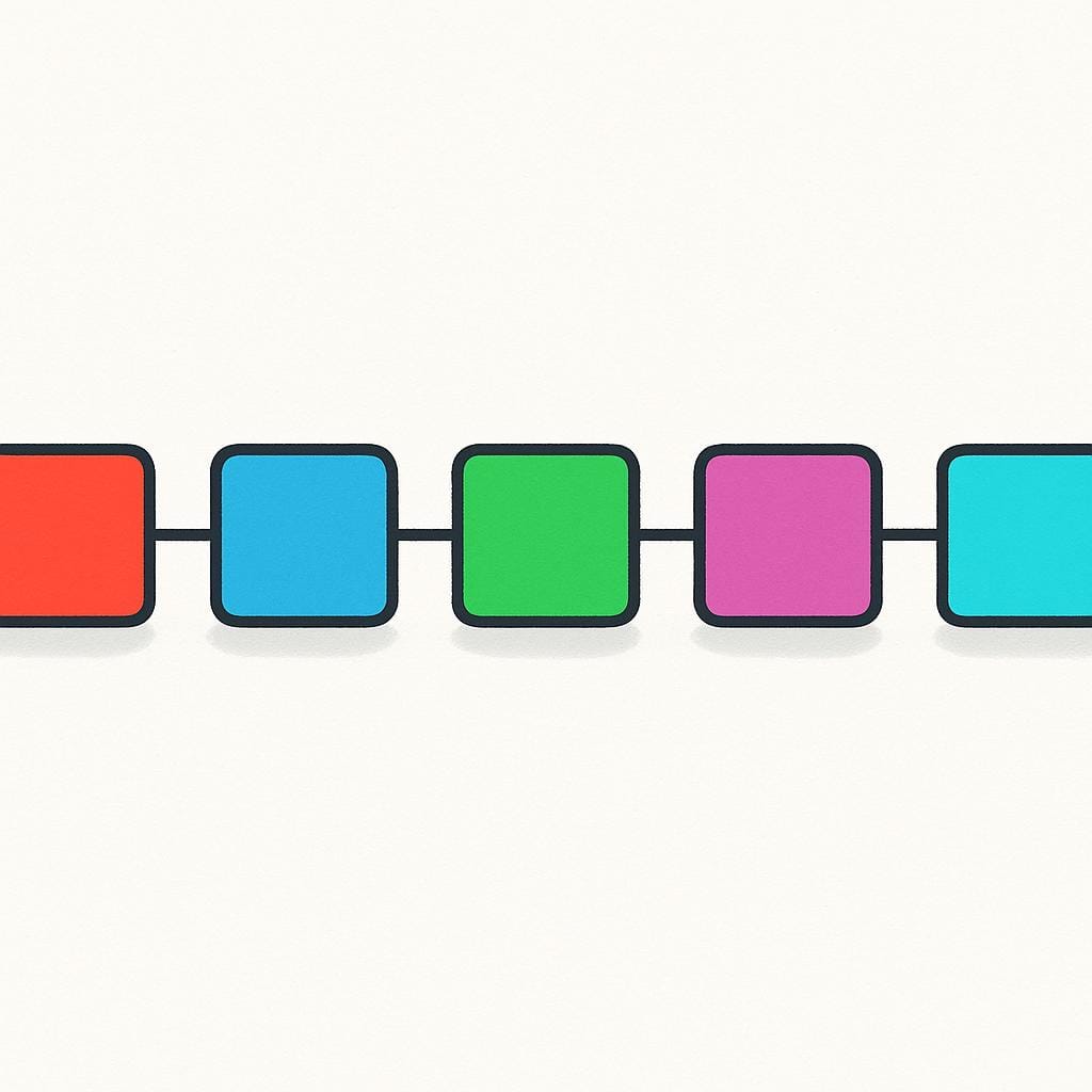 A horizontal row of five identical, brightly colored geometric blocks connected sequentially by short lines, demonstrating a continuous series.