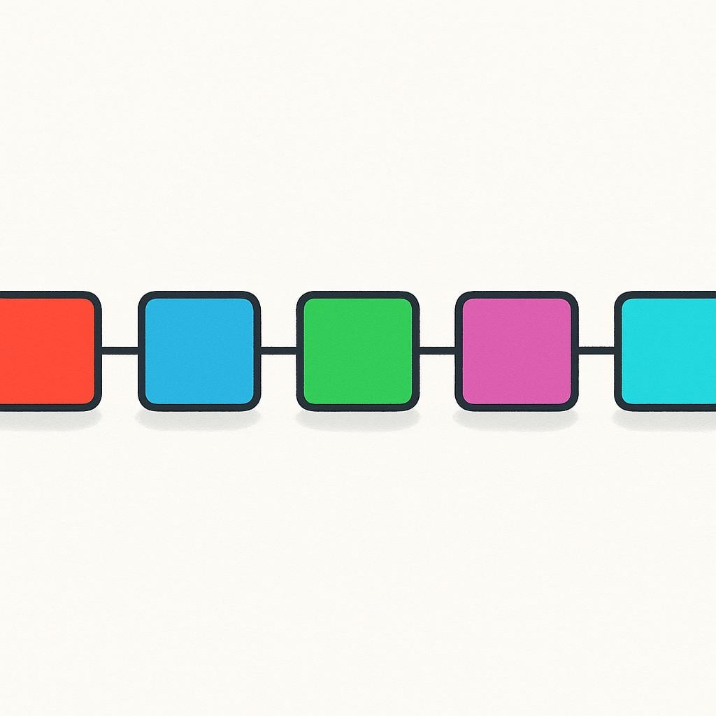 A horizontal row of five identical, brightly colored geometric blocks connected sequentially by short lines, demonstrating a continuous series.