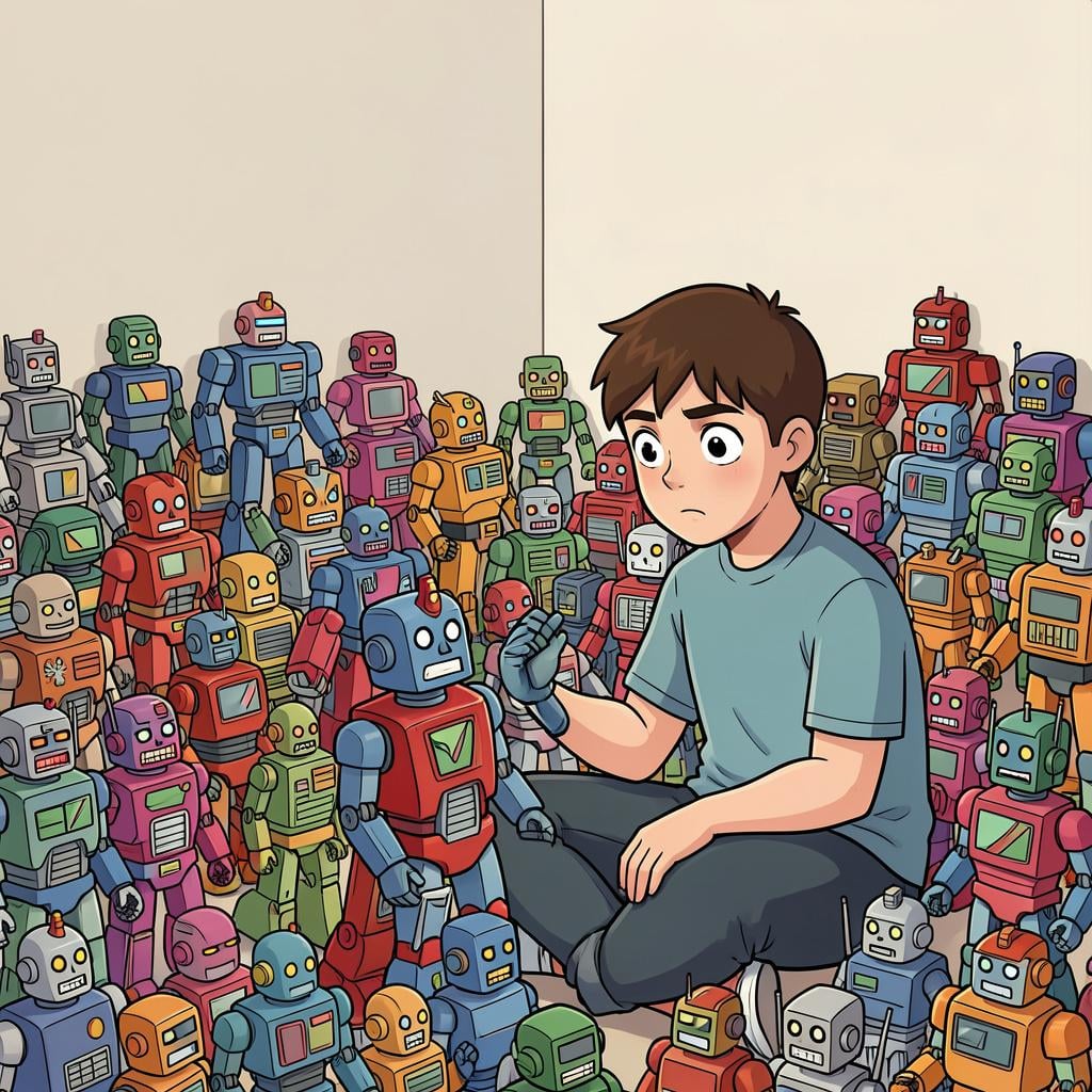A person surrounded by a massive collection of identical items, looking at them with intense focus.