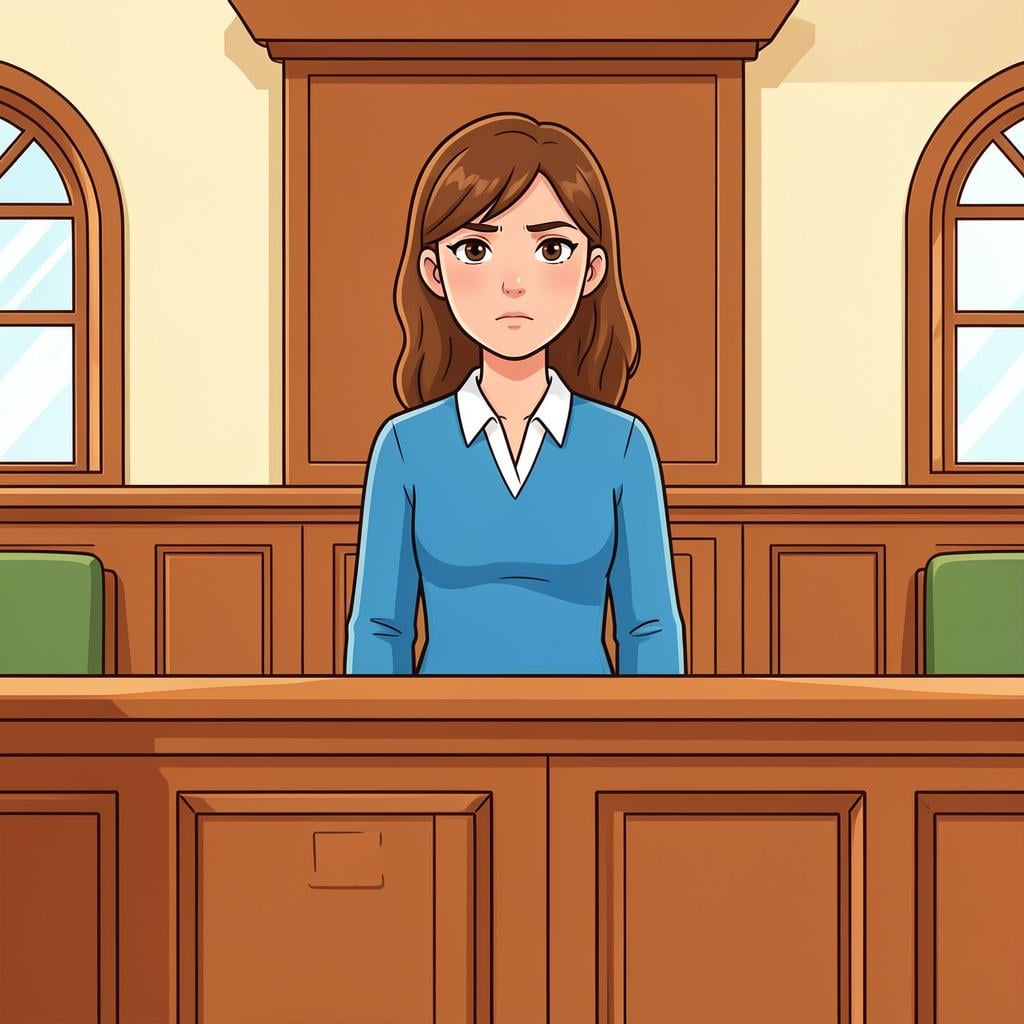 A woman standing in a courtroom setting, looking serious and attentive.