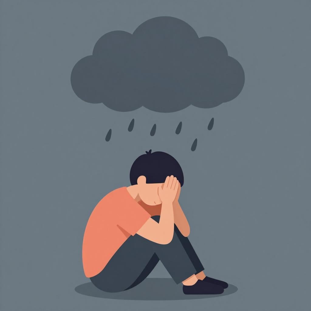 A character holding their head in their hands with dark, swirling clouds hovering closely above them.