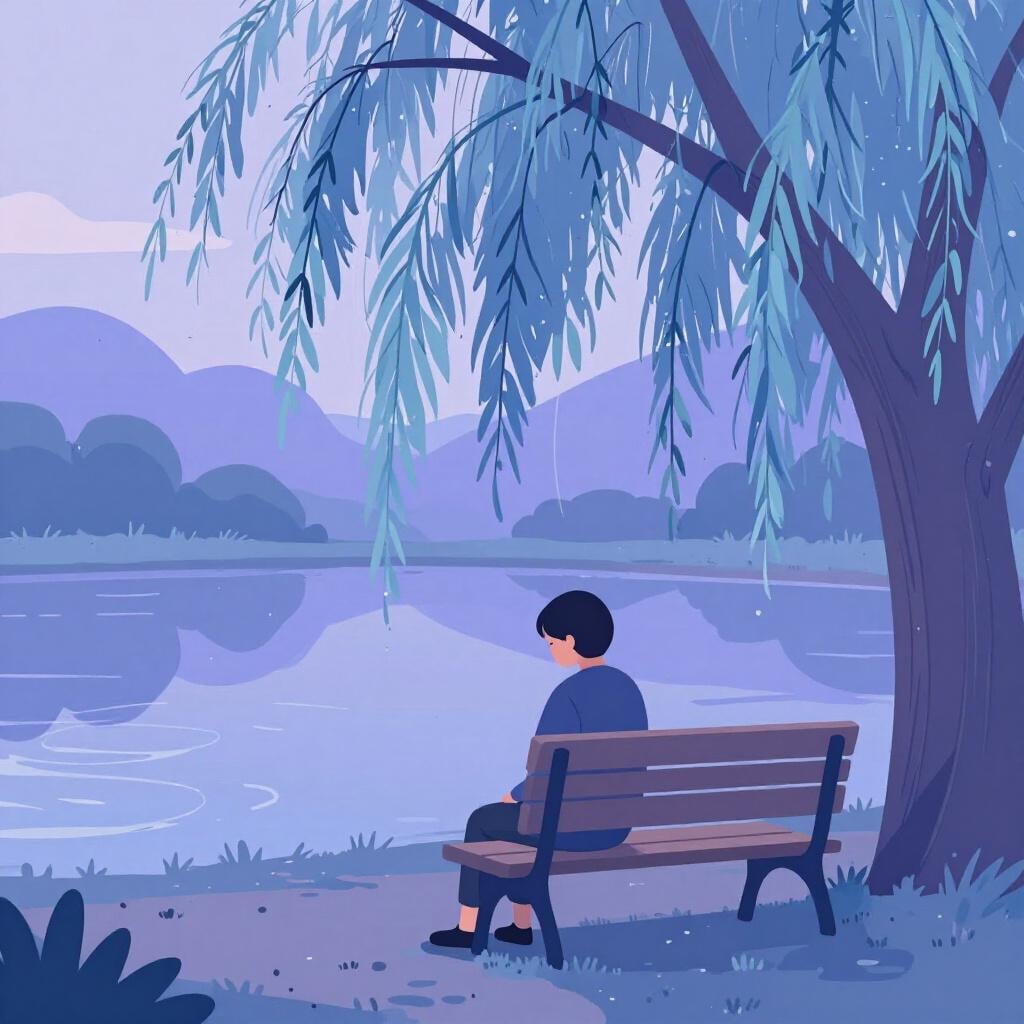 Eine Person sitzt allein auf einer Holzbank unter einer großen Weide und blickt nachdenklich auf einen ruhigen Teich.