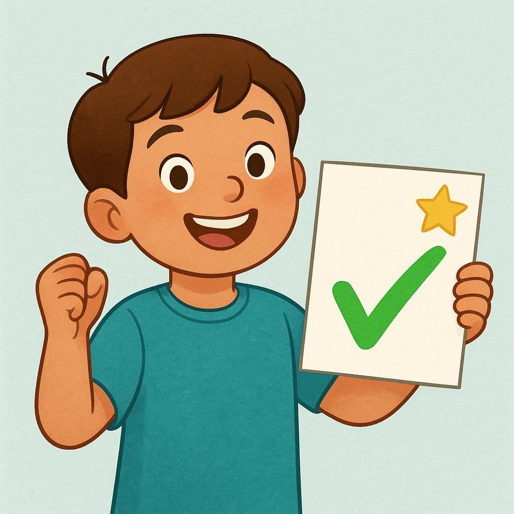 A smiling student holding up a test paper with a large, positive checkmark and star drawn on it, representing getting a good grade.