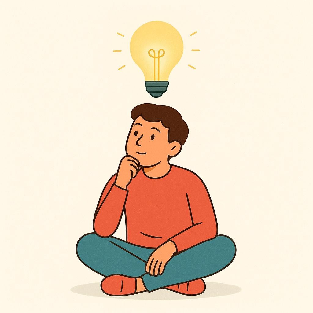 A thoughtful person sitting quietly, with a simple, glowing lightbulb hovering above their head, symbolizing an idea or thought.
