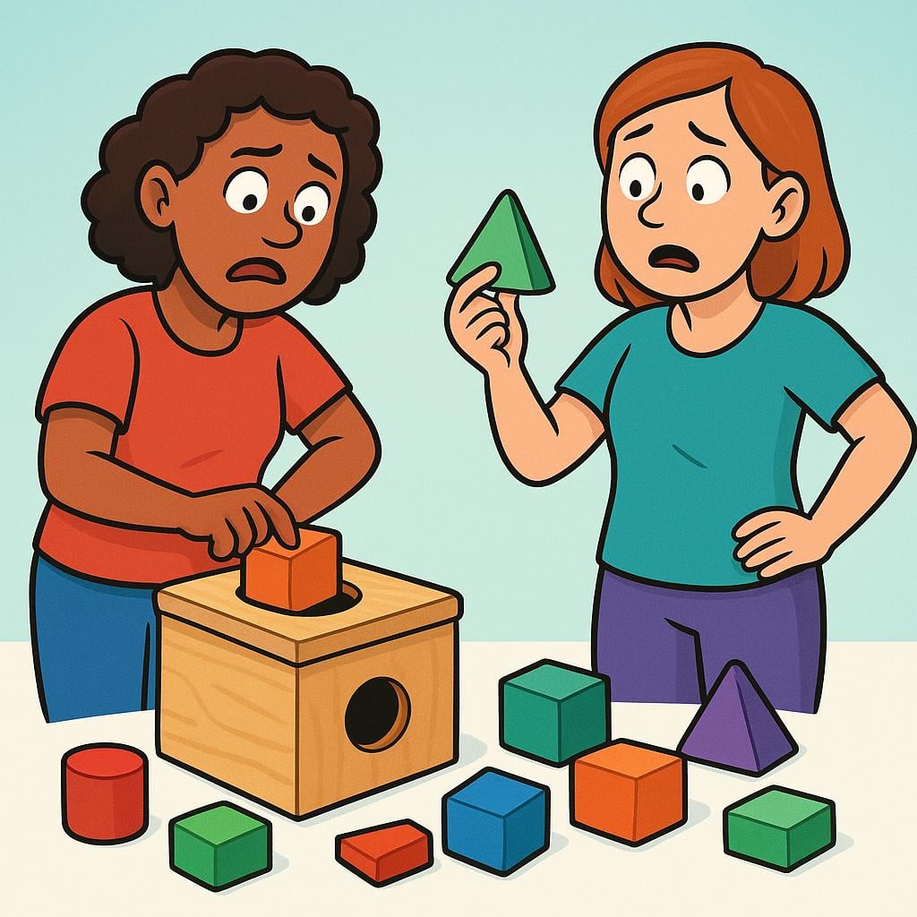 Two women standing next to a simple wooden toy block set, holding the pieces incorrectly while trying to assemble them, looking utterly confused.