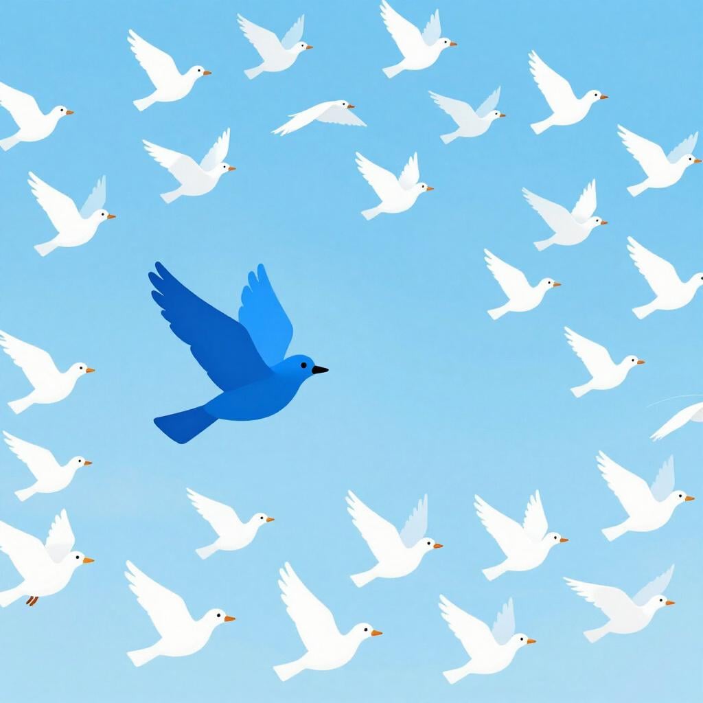 A single bright blue bird leading a flock of many white birds across a clear sky.