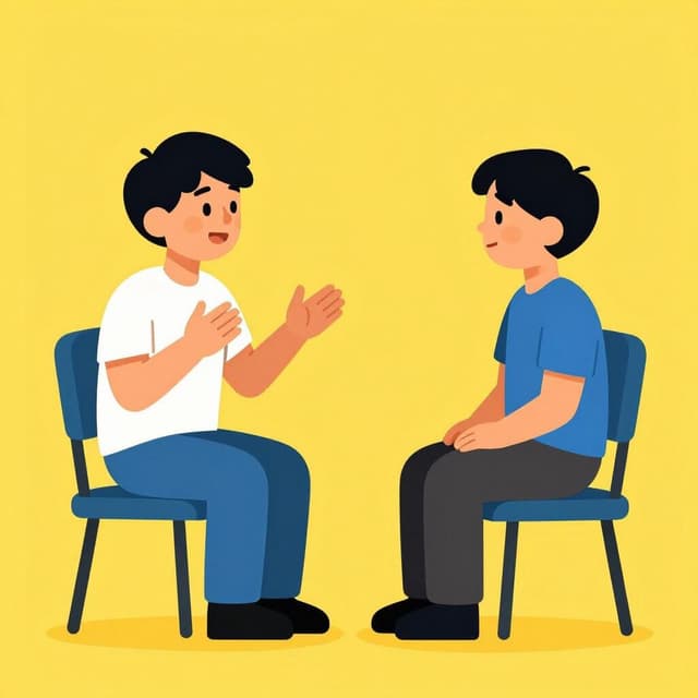 Two people sitting across from each other talking and gesturing with friendly expressions.