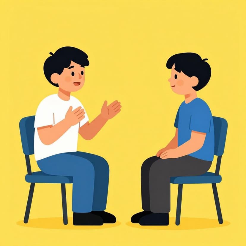 Zwei Personen sitzen sich gegenüber, unterhalten sich und gestikulieren mit freundlichem Gesichtsausdruck.