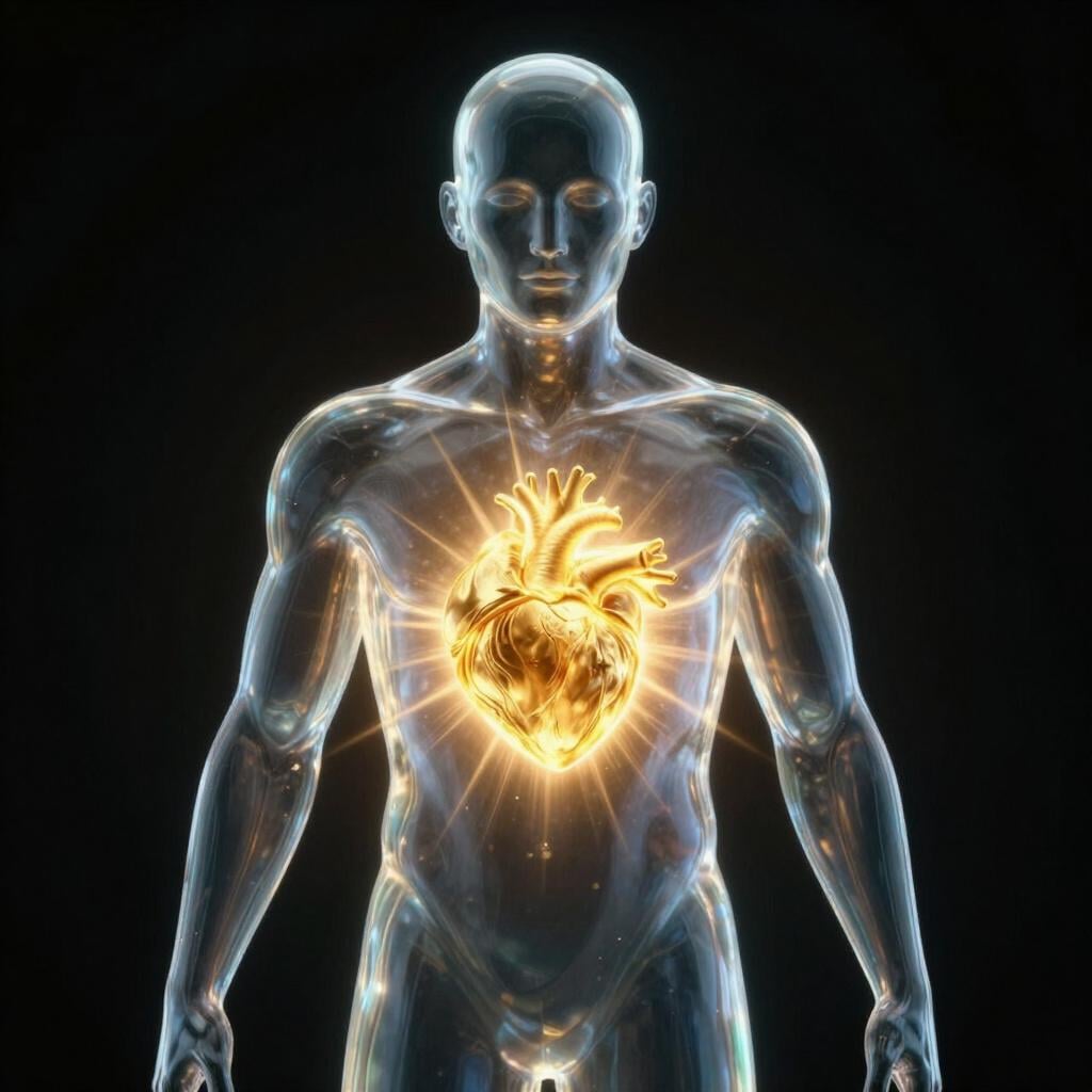 A glowing golden heart inside a glass statue of a person, symbolizing the embodiment of kindness.