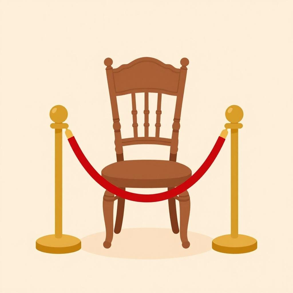 予約されたエリアを示す、エレガントな椅子一脚の前に置かれたベルベットロープのバリア。