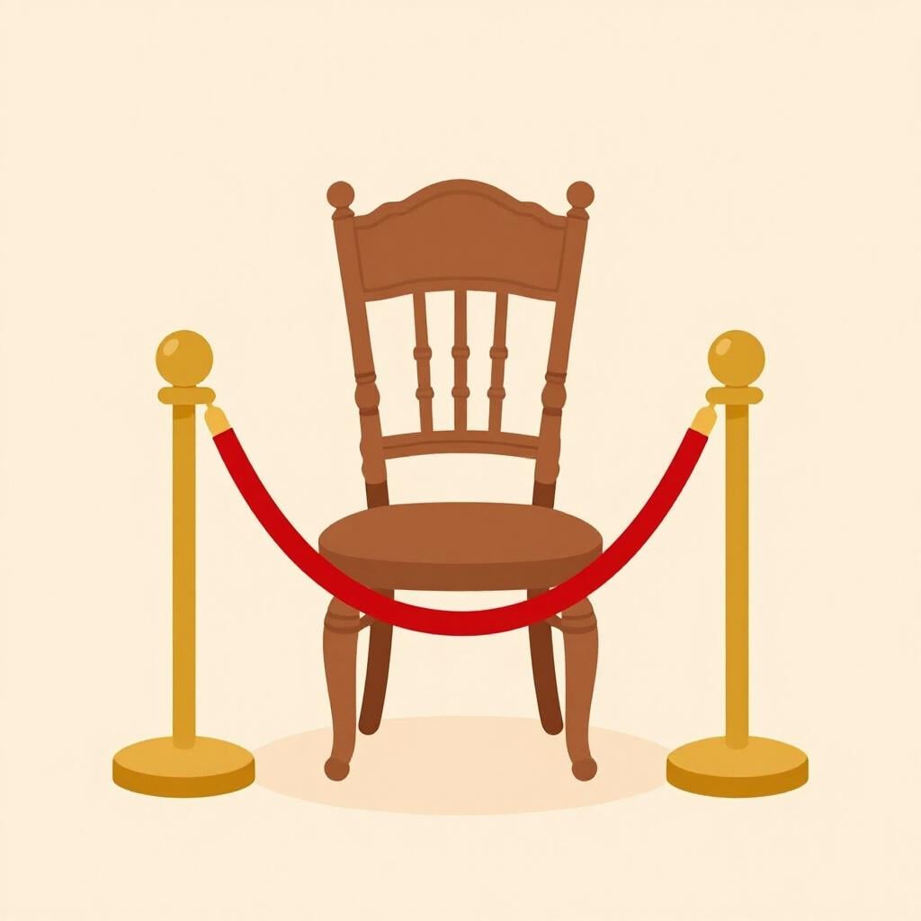 A velvet rope barrier standing in front of a single elegant chair, indicating a reserved area.