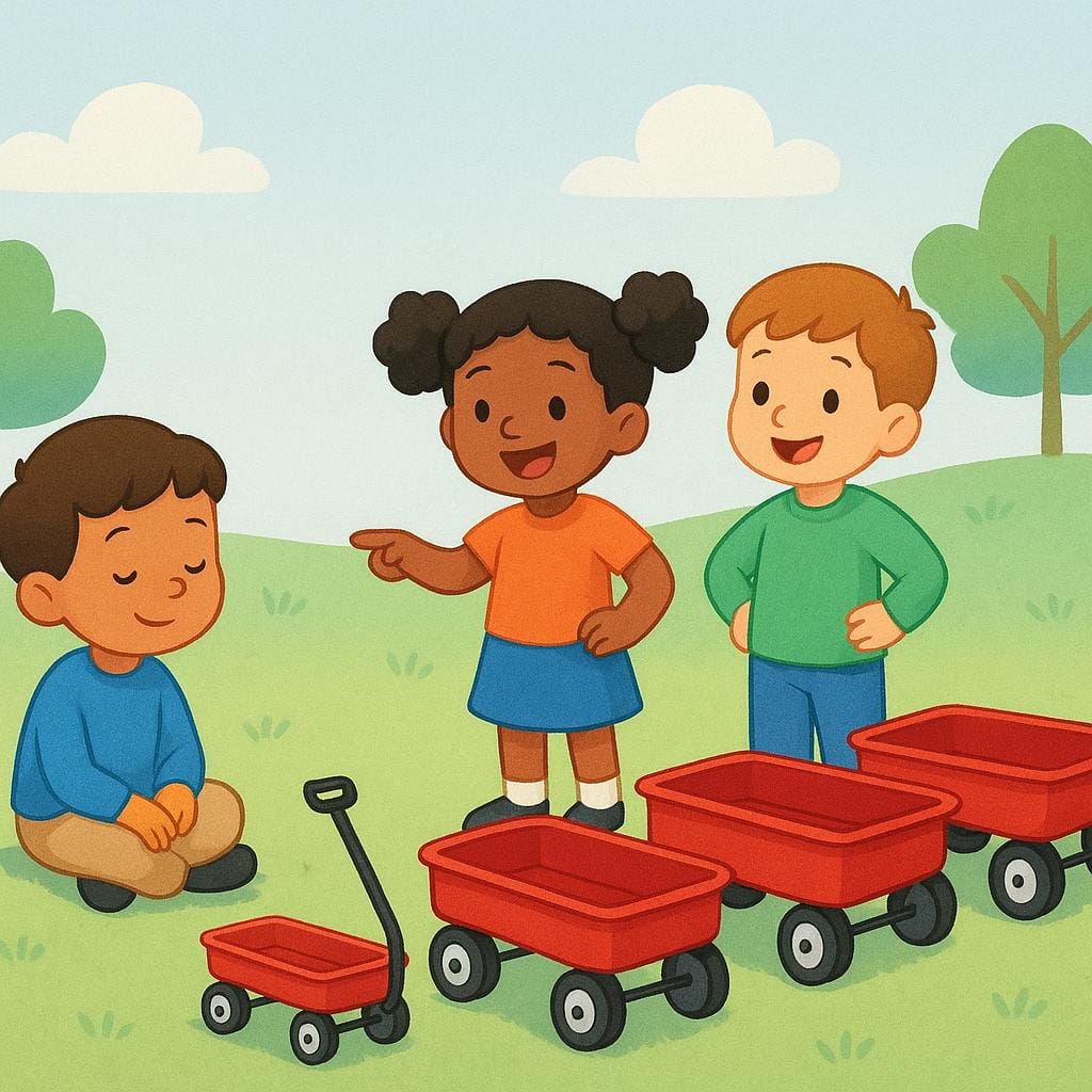 Un seul enfant est assis seul à côté d'une petite brouette rouge. À proximité, deux autres enfants se tiennent debout, pointant fièrement trois brouettes rouges identiques et plus grandes.
