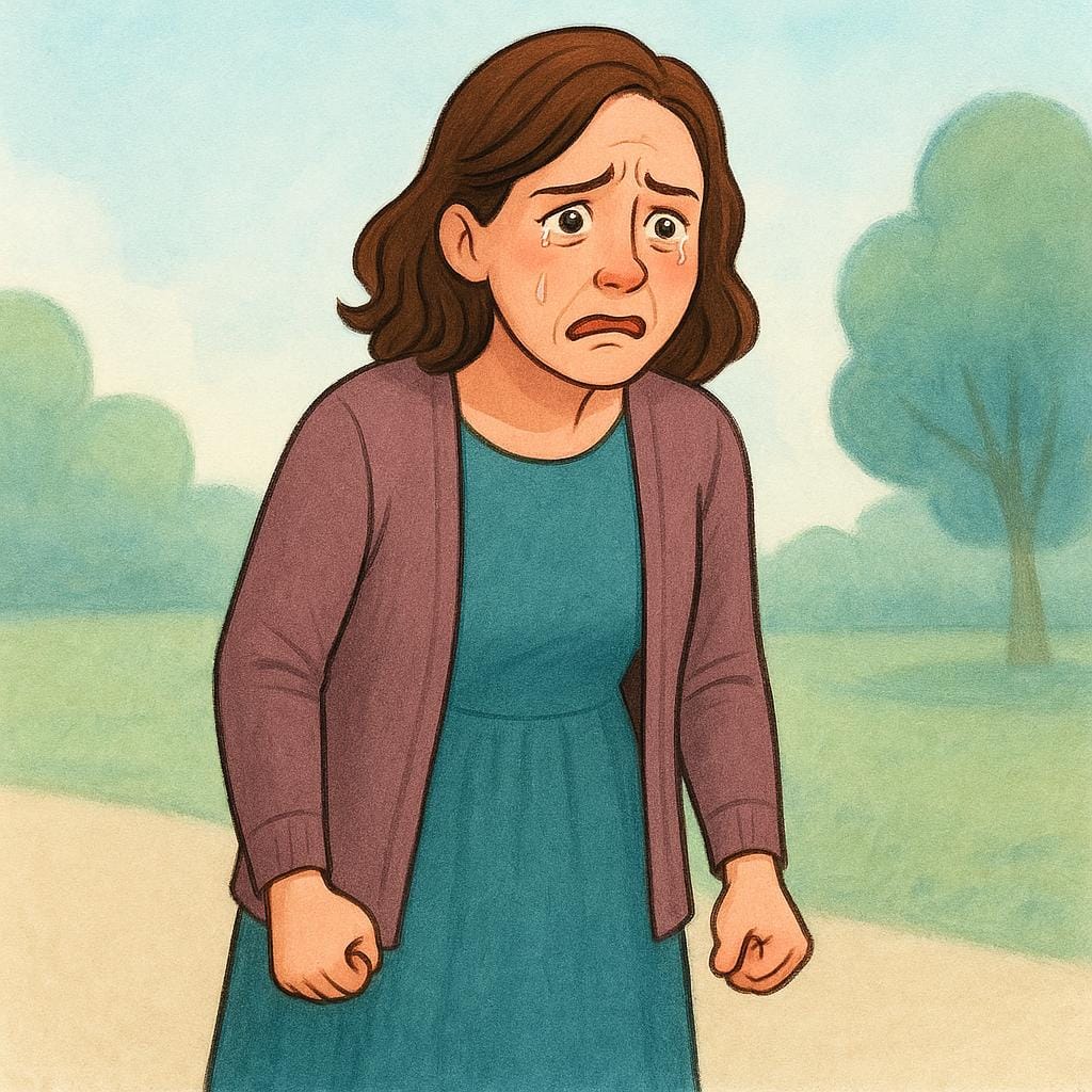 Un'illustrazione da libro di fiabe di una donna sola in piedi con le mani strette e un'espressione facciale visibilmente turbata, che incarna lo stato di disperazione.