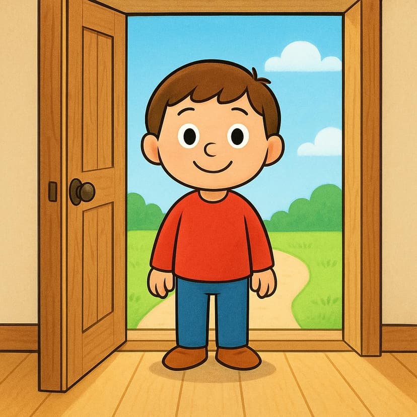 Un semplice personaggio dei cartoni animati si trova completamente all'interno di una stanza illuminata, avendo appena varcato la soglia di una porta di legno aperta.