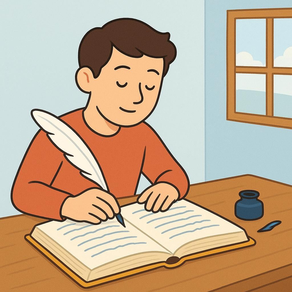 A person sitting at a large wooden desk, intensely focused on writing in a large open notebook, surrounded by several stacks of books and papers, representing composing a work.