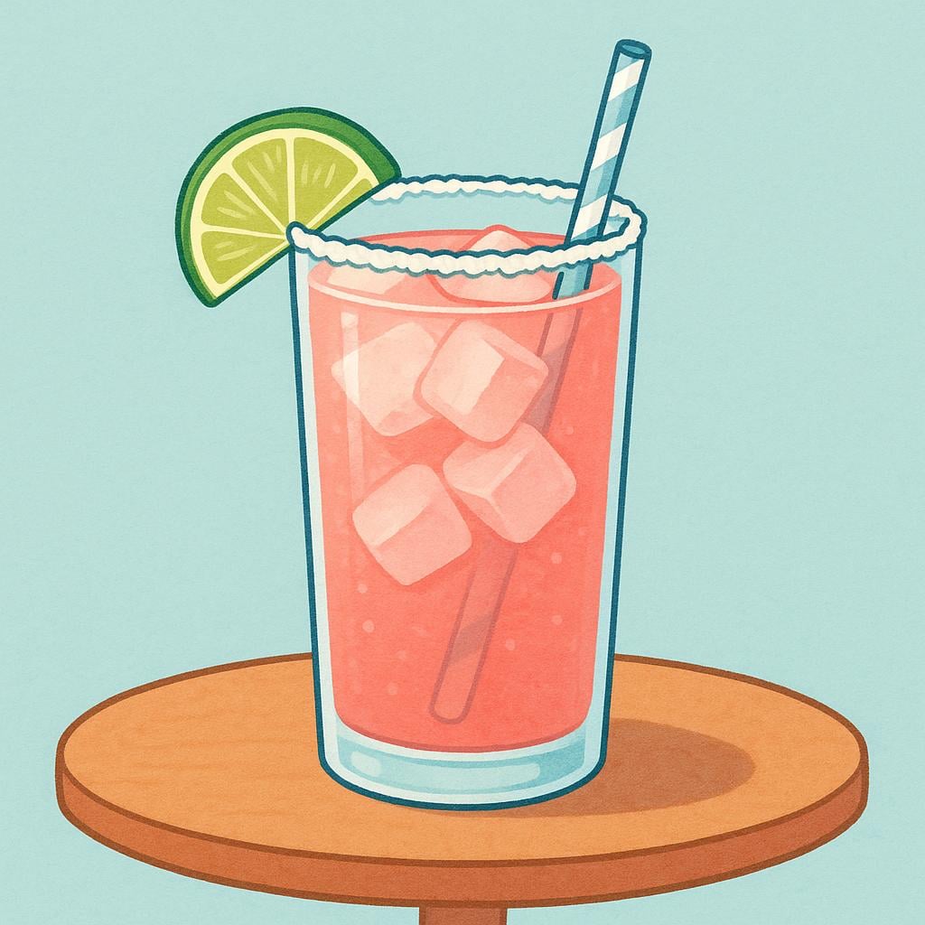 A tall glass filled with a pink cocktail, a lime slice, and a salted rim.
