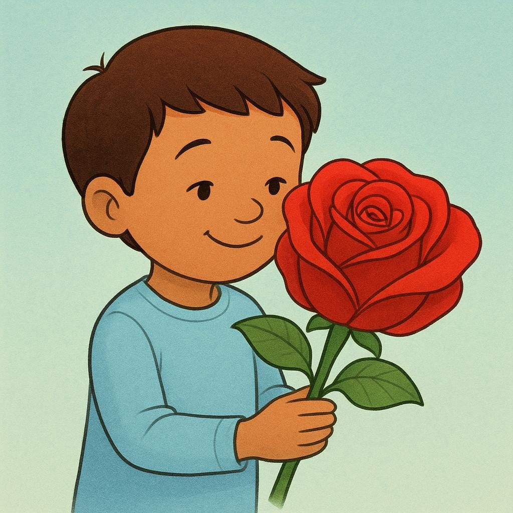 활짝 웃는 아이가 거대하고 선명한 붉은 장미를 부드럽게 잡고 애정과 강한 열망을 보여주며 사랑스럽게 바라보고 있습니다.
