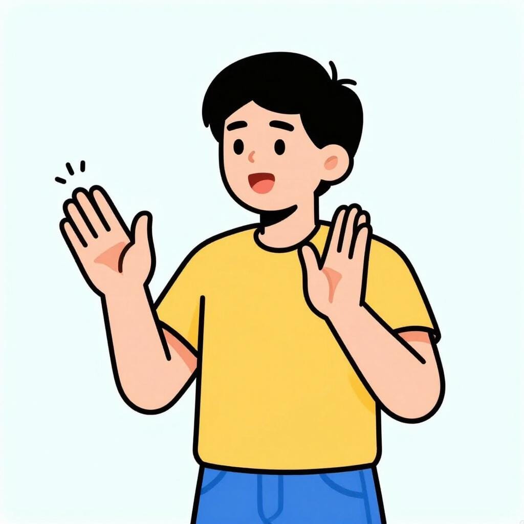 A person standing and talking with their hands raised and palms open in an expressive gesture.