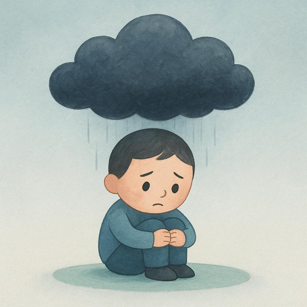 Une illustration simple de livre d'histoires montrant une petite silhouette inquiète assise seule par terre. Un gros nuage gris foncé et lourd est positionné directement au-dessus de la tête de la silhouette, symbolisant la tension mentale ou émotionnelle.