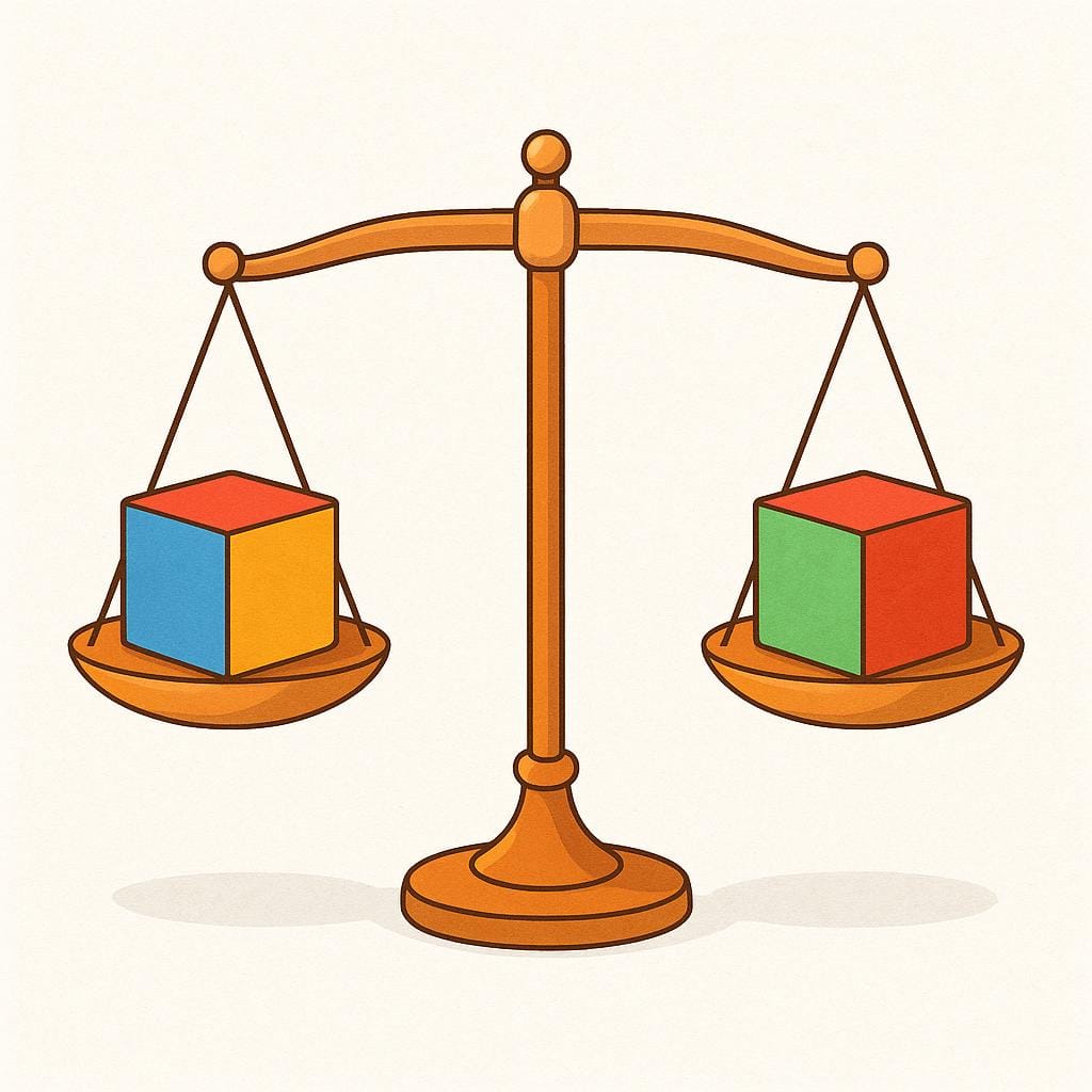 A perfectly level balance scale holding two identical weights, illustrating impartiality and objectivity.