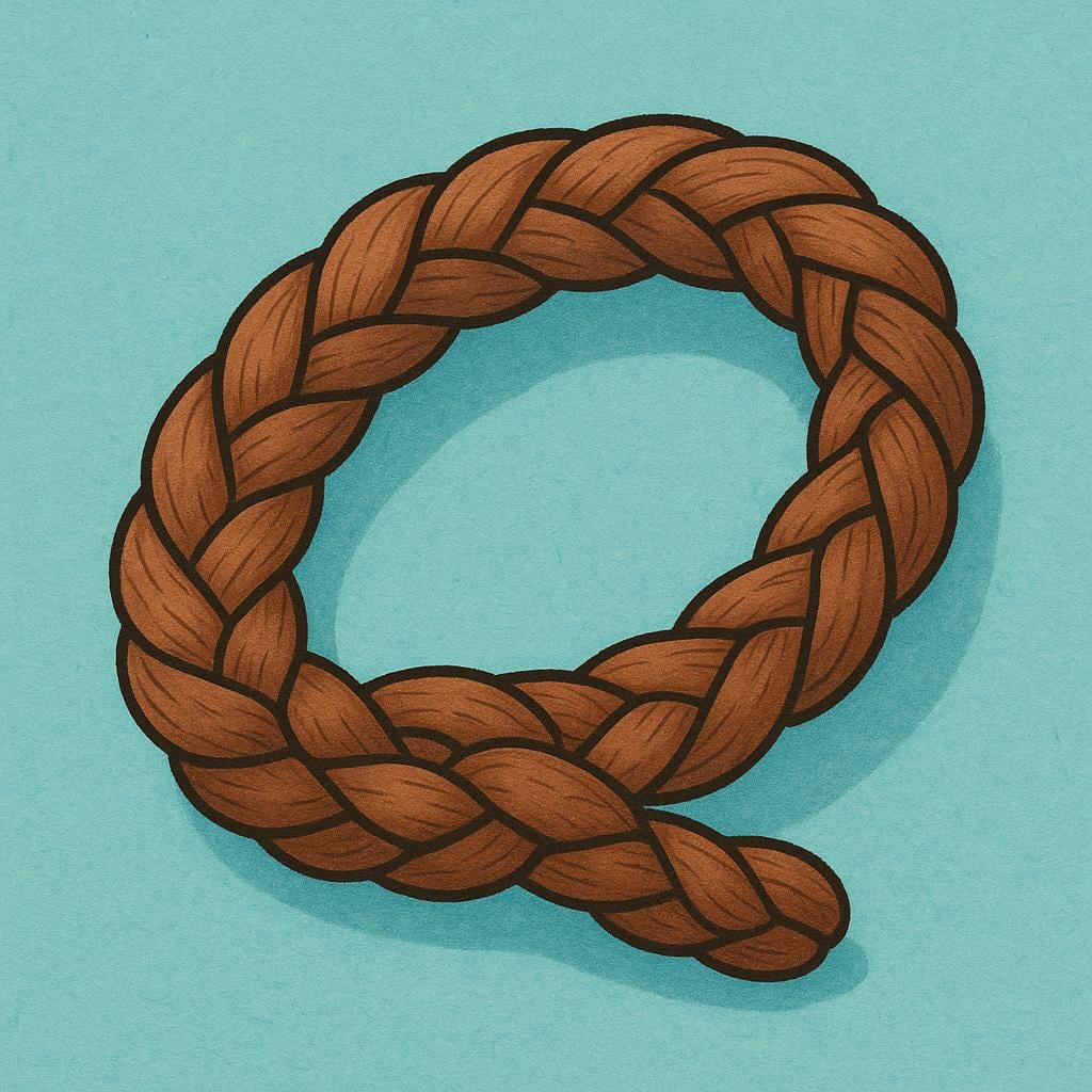 A thick brown fibrous rope coiled loosely on a simple background, illustrating material used for tying.