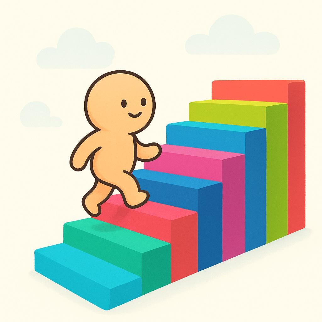 A small, simplified character figure is actively climbing a brightly colored staircase, demonstrating upward movement.