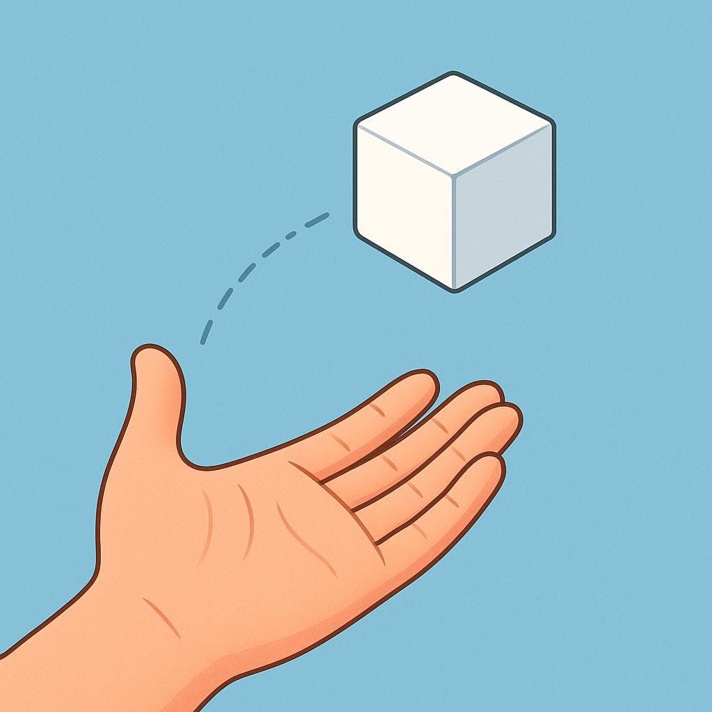 A simple drawing of a hand gently tossing a single, blank white cube (a die) into the air, illustrating the uncertainty and likelihood of an event's outcome.