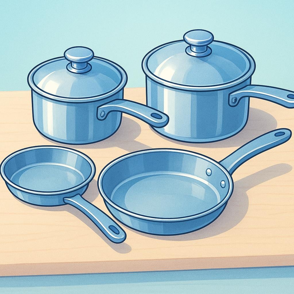 A simple, colorful illustration showing a matching set of four kitchen pots and pans of varying sizes neatly arranged.