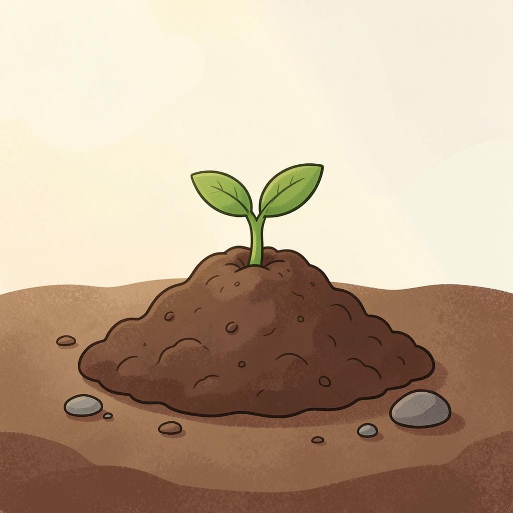 A small green seedling just beginning to sprout out of dark, rich soil.