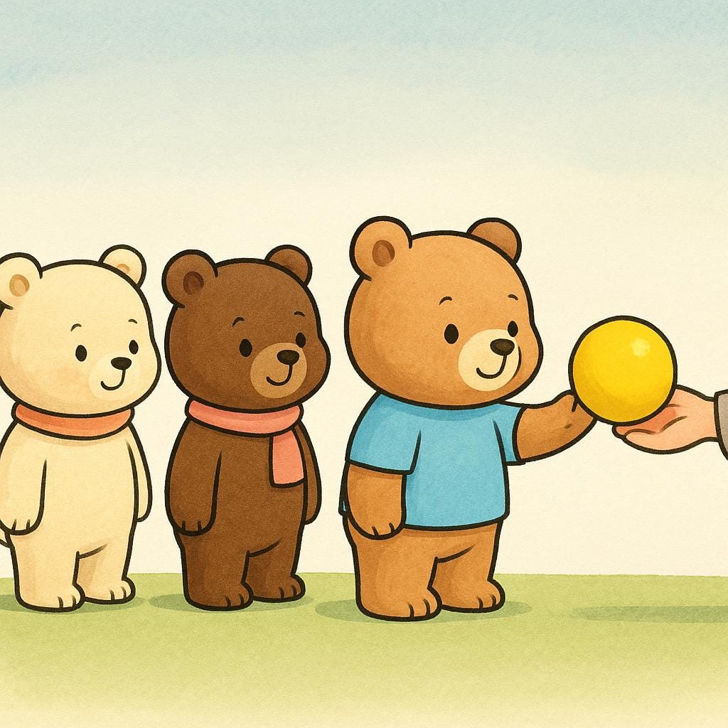 Tre piccoli orsi cartone animati in piedi in una semplice fila. L'orso in testa alla fila sta ricevendo attivamente una palla gialla, indicando che è il suo turno.
