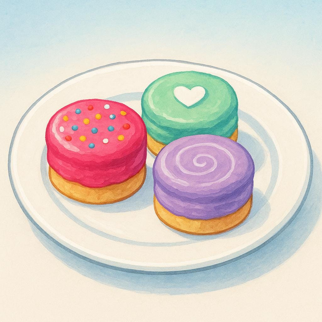 Tre piccole tortine riccamente glassate disposte ordinatamente su un piatto da portata.