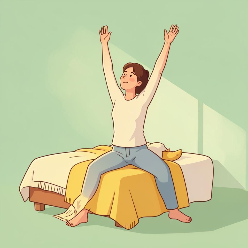 ベッドの端に座り、目覚めた後に腕を伸ばしている人。