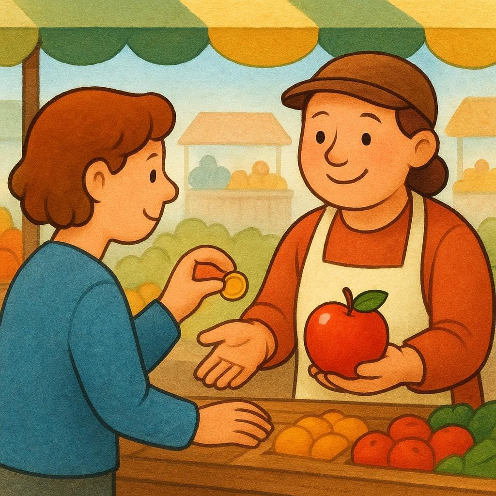 A scene at a market stall where a customer is exchanging a coin for a single red apple from a vendor.