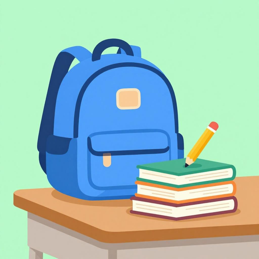 Ein bunter Rucksack, ein Stapel Bücher und ein Federmäppchen auf einem Holztisch.