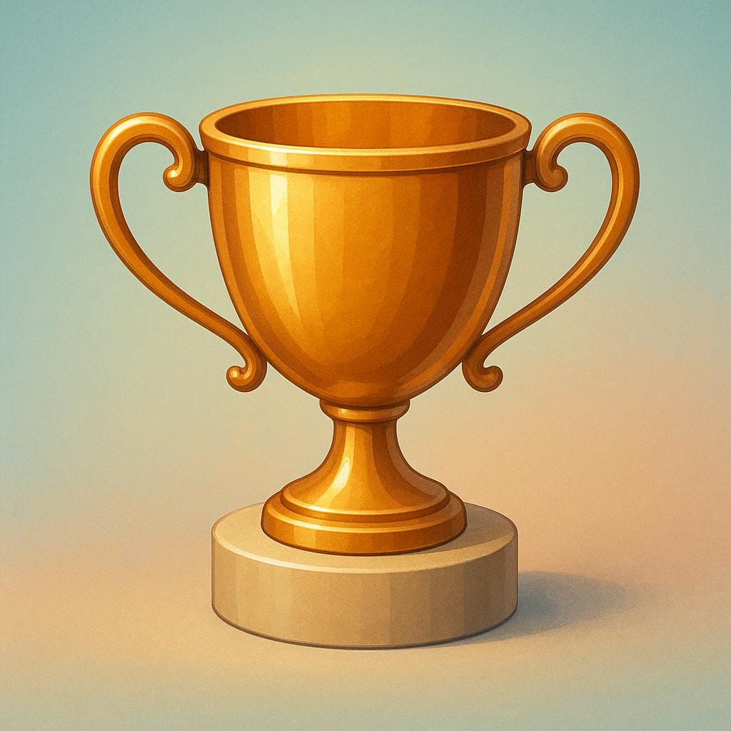 A single, flawless, highly polished golden trophy cup resting on a simple, illuminated pedestal, symbolizing high quality and excellence.