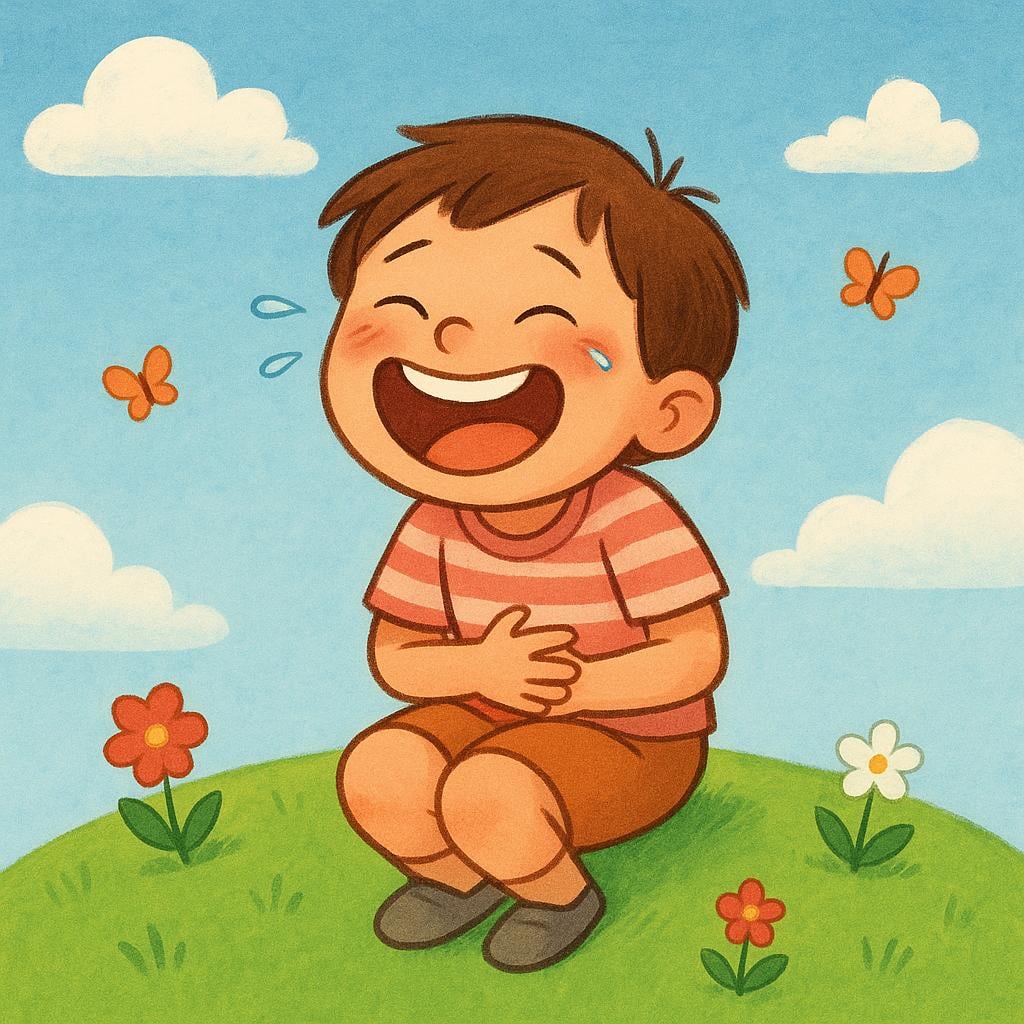 A child sitting on the floor, bent over and laughing uncontrollably, illustrating a fit or bout of emotion.