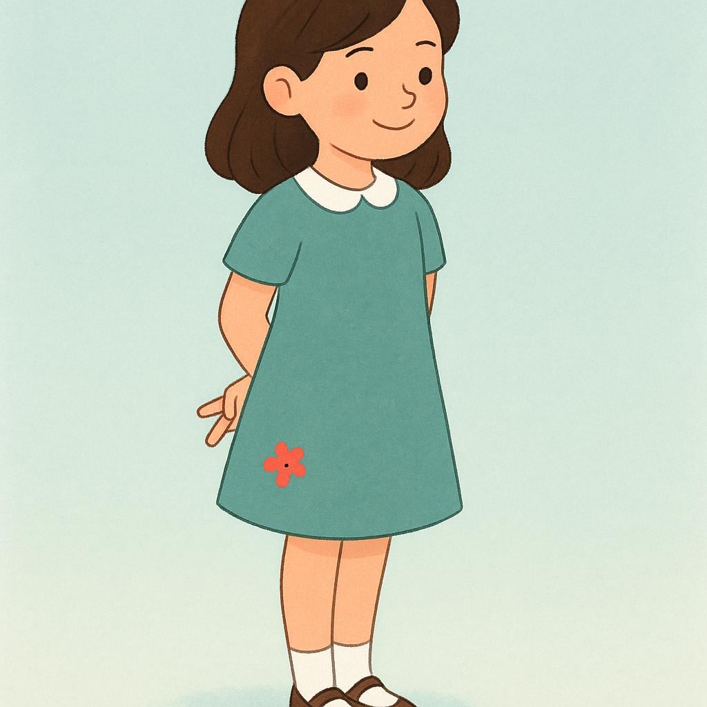 A woman standing innocently, smiling brightly, but secretly holding her hands behind her back with her fingers crossed, symbolizing deception.